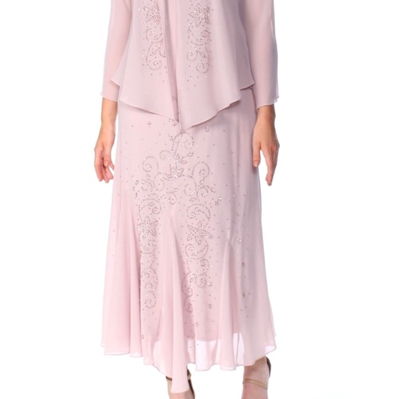 Women's Formal Dress Size 14 Blush Pink Chiffon Beaded 2pc Jacket R&M Richards - Picture 5 of 6